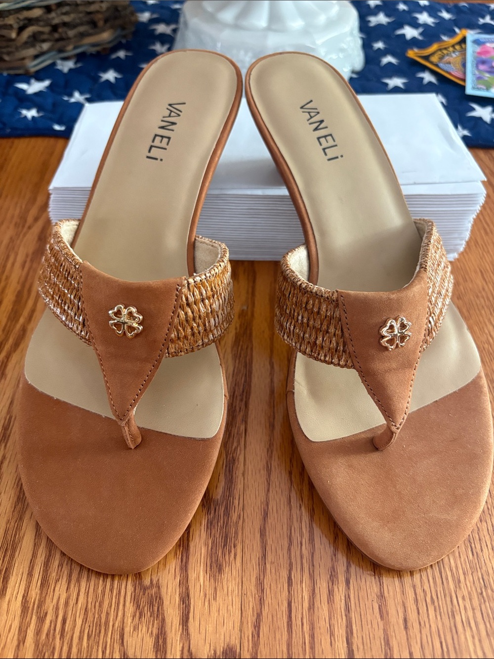 Vaneli Tan Suede Thong Mules with Gold Accent